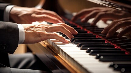 Close up of a pianist's hands playing a grand piano, showcasing the elegance and complexity of...