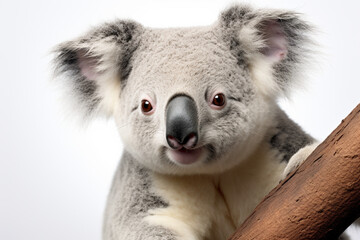 Koala close-up portrait on a white background.