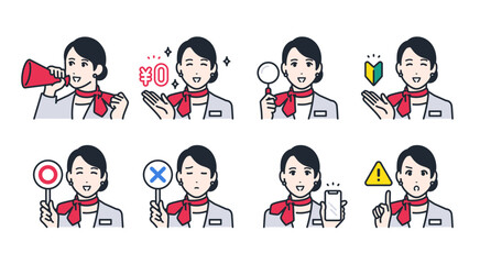 女性販売員のシンプルなベクターアイコンイラストバリエーション素材