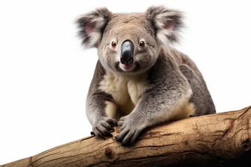 Obraz premium Koala resting on a branch close-up portrait on a white background.