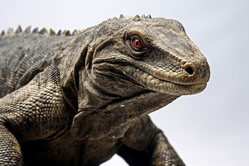 Komodo Dragon close-up portrait on a white background.