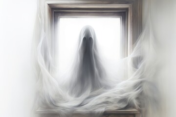 Ghostly apparition peeking through a window on a white background. Halloween theme background