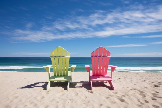 Inviting beach house scene with colorful beach chairs and clear skies