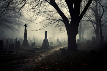 Ominous fog creeping through a graveyard in dark