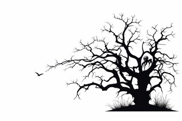 Spooky haunted tree silhouette with branches on a white background for your Halloween designs.