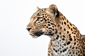 Leopard close-up portrait on a white background.