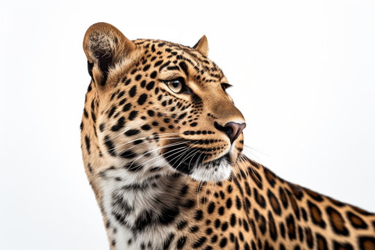 Leopard close-up portrait on a white background.