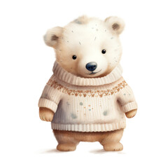 Polar Bear Wearing Winter Clothes For Christmas Event. Watercolor Style. AI Generated
