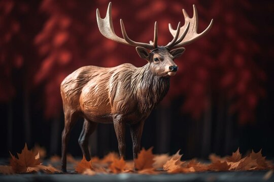 A red deer from Red Deer, Alberta stands in front of a photo with a Canadian maple leaf. Generative AI