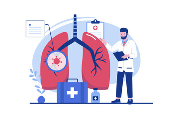 Pulmonology concept illustration. A malignant tumor develops in the lungs. Vector flat illustration