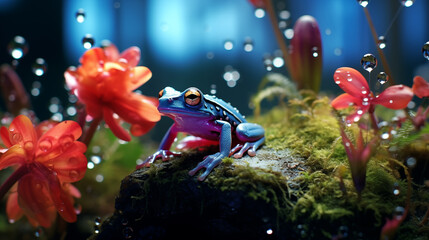 Spring's New Beginnings: Red Frog Reveling in Raindrops, Generative AI illustration