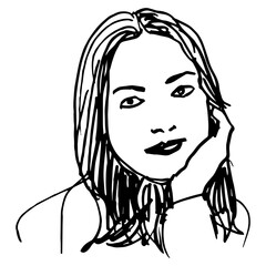 Female portrait. Face of a pretty Caucasian woman with loose hair resting her head on her hand. Hand drawn linear doodle rough sketch. Black silhouette on white background.
