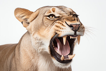 Lioness roaring close-up portrait on a white background.