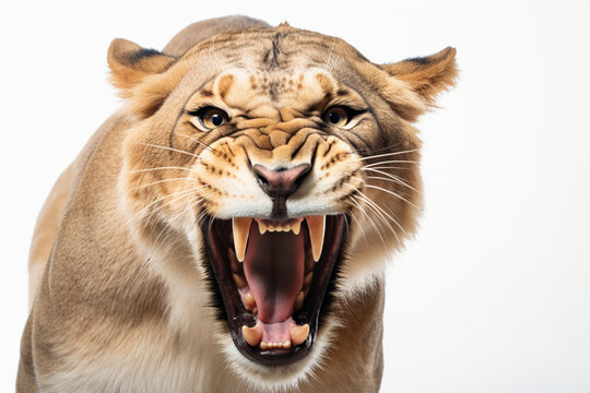 Lioness roaring close-up portrait on a white background.