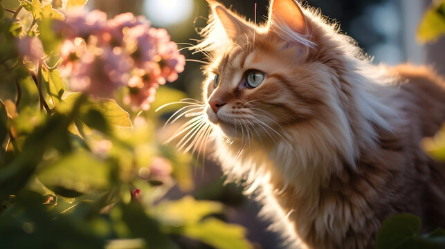 Beautiful cat exploring summer garden, close up