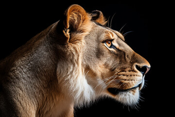 Naklejka premium Lioness close-up portrait on a black background.