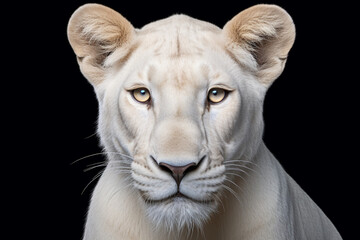 Obraz premium White lioness close-up portrait on a black background.
