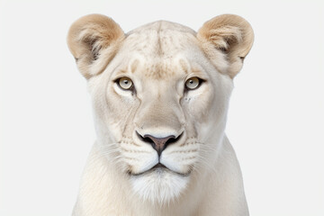 White lioness close-up portrait on a white background.