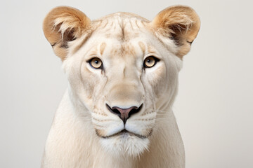 Obraz premium White lioness close-up portrait on a white background.