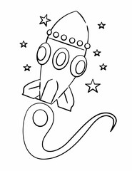 Cute Outer space, black and white coloring page for kids and adults , line art, simple cartoon style, happy cute and funny