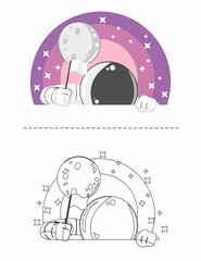Cute Outer space, black and white coloring page for kids and adults , line art, simple cartoon style, happy cute and funny