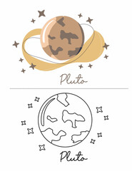 Cute Outer space, black and white coloring page for kids and adults , line art, simple cartoon style, happy cute and funny