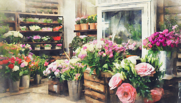 Flower store, florist, in store, colorful, close-up; watercolor painting
