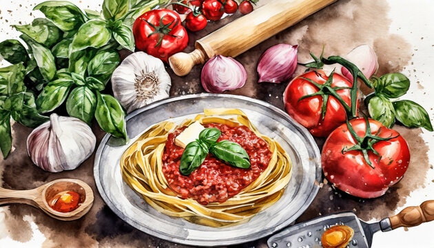 Pasta, garlic, onion, basil, tomato, rolling pin; watercolor