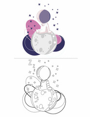 Cute Outer space, black and white coloring page for kids and adults , line art, simple cartoon style, happy cute and funny
