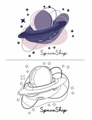 Cute Outer space, black and white coloring page for kids and adults , line art, simple cartoon style, happy cute and funny