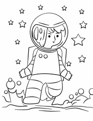 Cute Outer space, black and white coloring page for kids and adults , line art, simple cartoon style, happy cute and funny