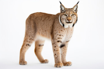 Fototapeta premium Lynx standing on a white background. Animal side portrait.