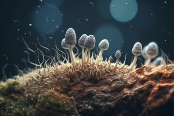 Illustration of tiny fungal fibers. Generative AI - obrazy, fototapety, plakaty