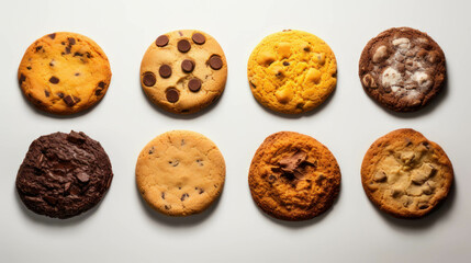 Various chip cookies biscuits, crackers, and Snack in line, flat on a white background.