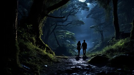 A young man and woman walk through the forest at night under the moonlight. Beautiful tannic forest.