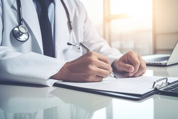 Fototapeta premium Partial close-up of doctor in white coat holding pen at work