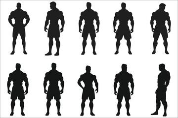 Bodybuilder man silhouette set, Body builder flexing and lifting weights, Man standing vector silhouette set