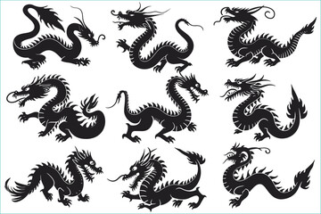 Set of Chinese dragon silhouette, Chinese dragon vector