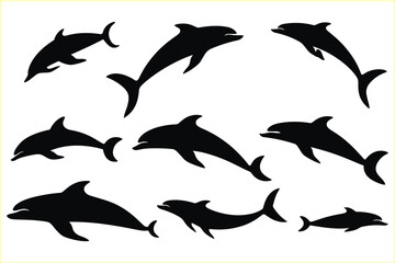 Dolphin fish silhouette icon set, set of black silhouette of dolphin