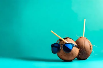 Foto op Canvas A coconut with straw and black sunglasses on blue background. © AI By Ibraheem