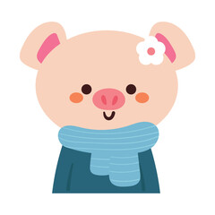 hand drawing cartoon pig wearing blue scarf and flower pin. cute animal sticker