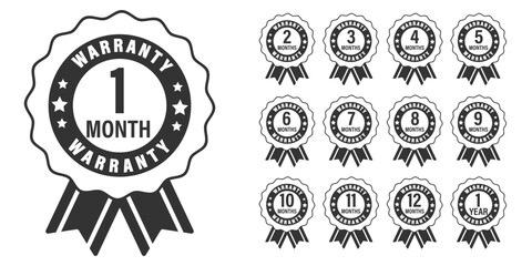 Collection of warranty number 1 to 12 months, black and white style, Set of warranty logo design isolated on white background, Vector illustration.