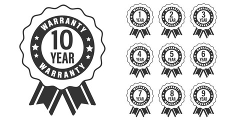 Collection of warranty number 1, 2, 3, 4, 5,6 7, 8, 9, 10 year label badge  black and white style, Set of warranty isolated on white background, Vector  illustration.