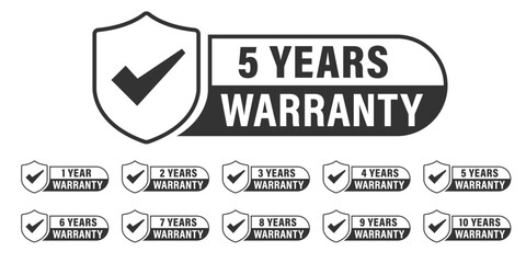 Collection of warranty number 1, 2, 3, 4, 5,6 7, 8, 9, 10 year label badge  black and white style, Set of warranty isolated on white background, Vector  illustration.