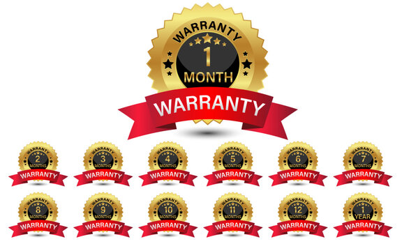 Collection of warranty numbers 1 to 12 months label badge gold, black and red ribbon style, Set of warranty logo design isolated on white background, Vector golden warranty and illustration.