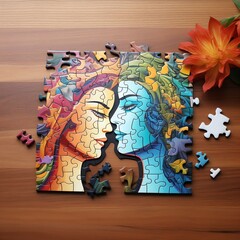 pieces of a jigsaw puzzle on a table, sticker style, forming faces of a couple