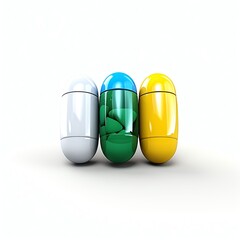 pills, medicine set of 3d icons, blue, green, yellow, white background