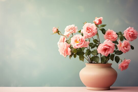 roses in a clay pot, minimalism, pastel background, reality, stock photograph