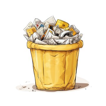 on a white background, a yellow standard simple industrial round plastic trash bin with handles full of old paper waste and cardboard