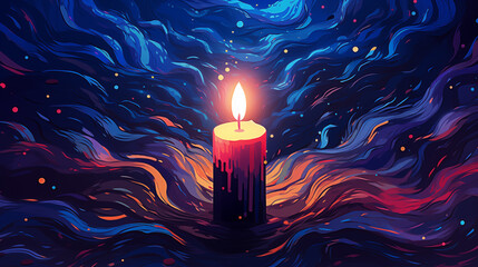 Hand drawn cartoon illustration of a burning candle under the beautiful starry sky
